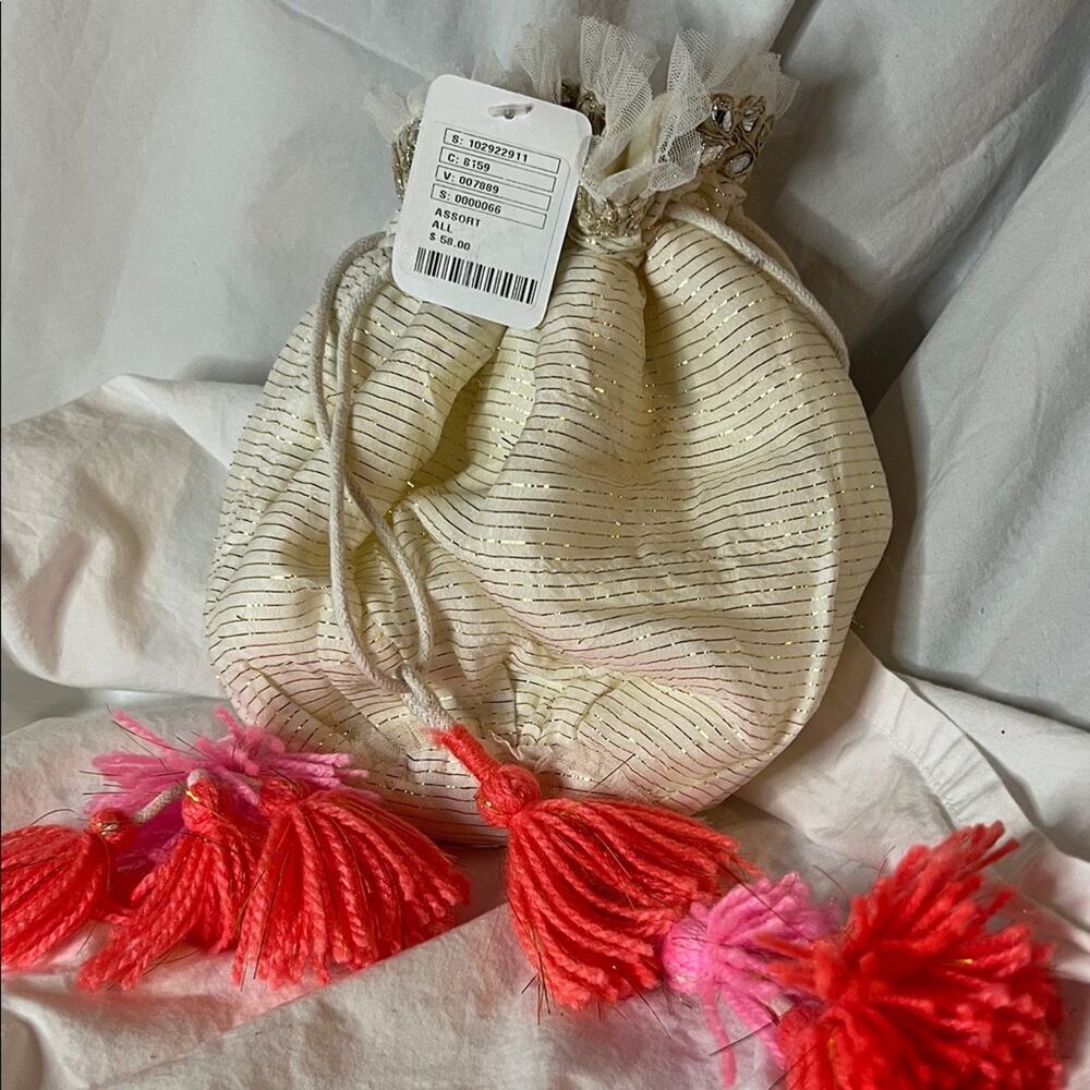 Free People Embellished Cream and Pink Drawstring Small Gift Bag - Picture 5 of 6